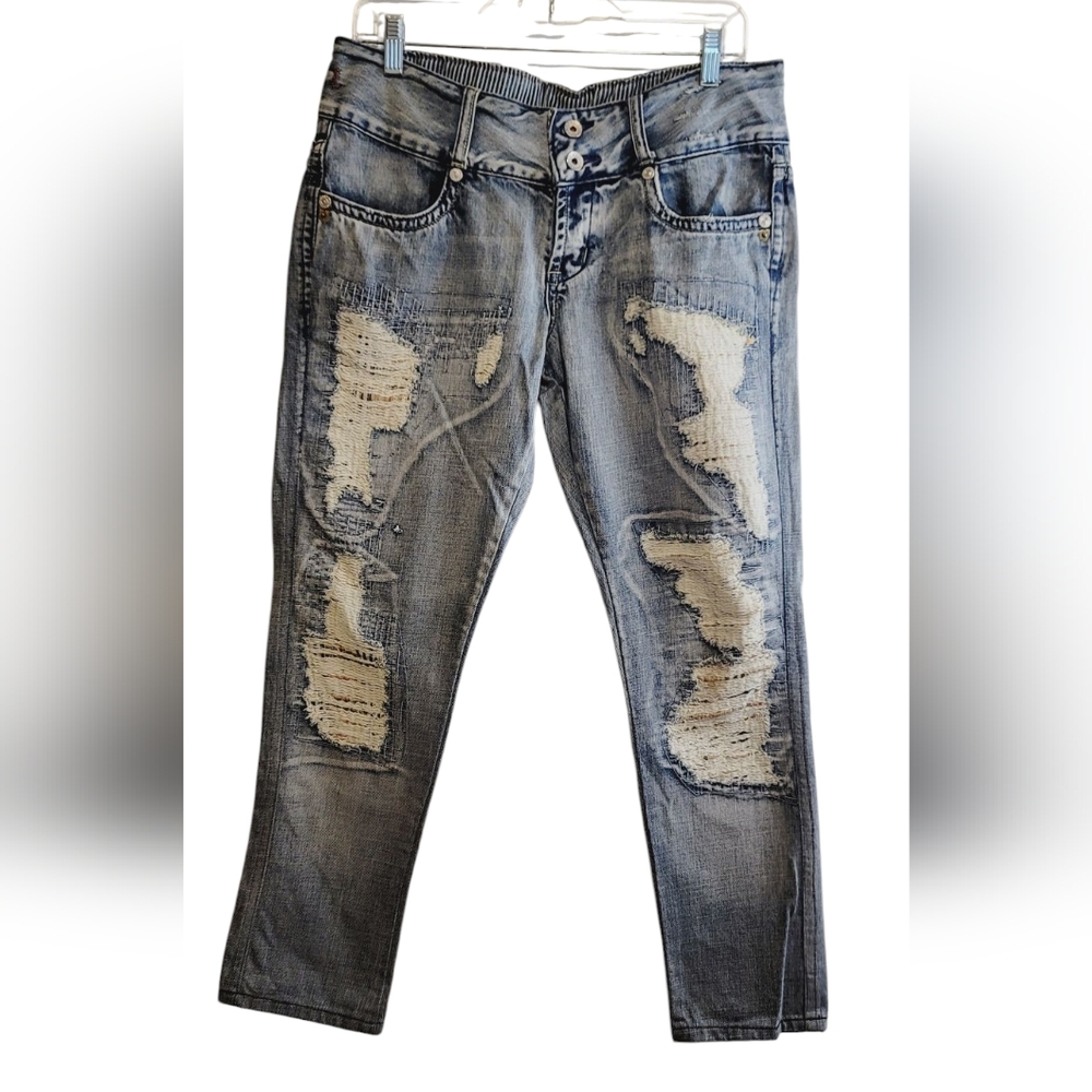 Dinamit Distressed Blue Mid Rise Ankle Crop Jeans with Patchwork Faded Details